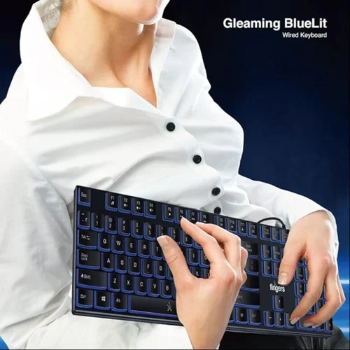 Fingers Gleaming Bluelit Wired keyboard.